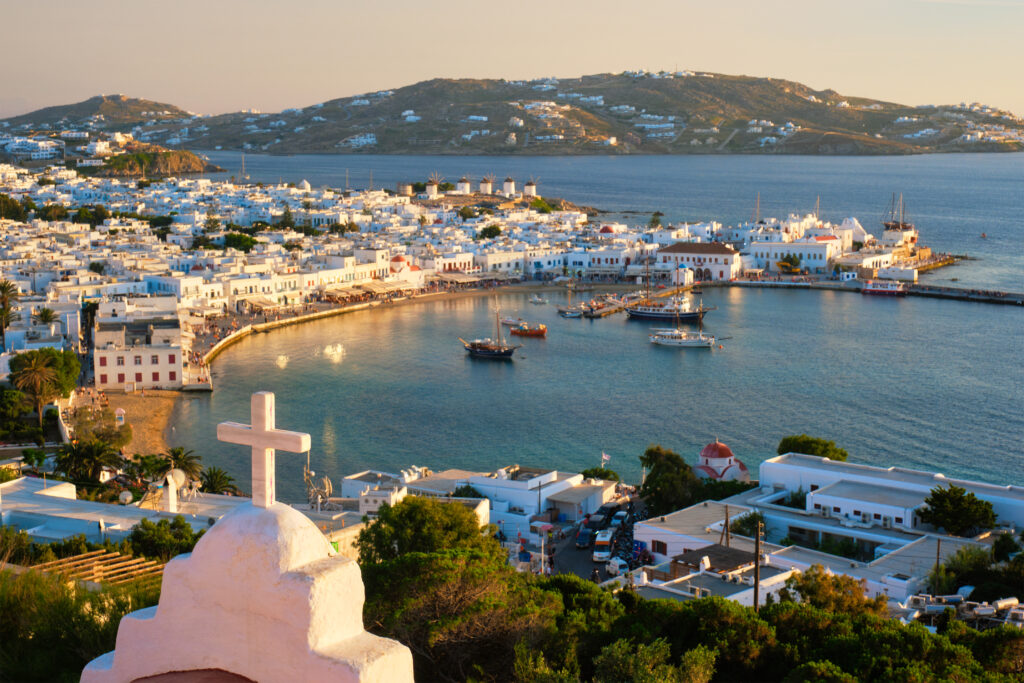 Mykonos island port with boats, Cyclades islands, Greece