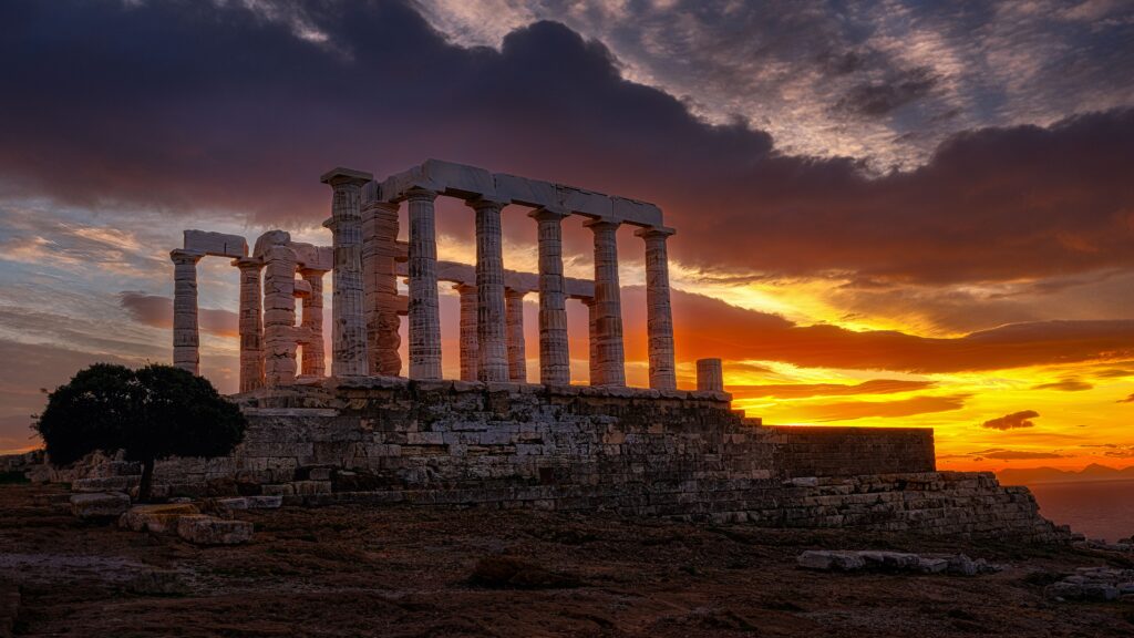 Temple of Poseidon during Sunset in Sounio, Greece
