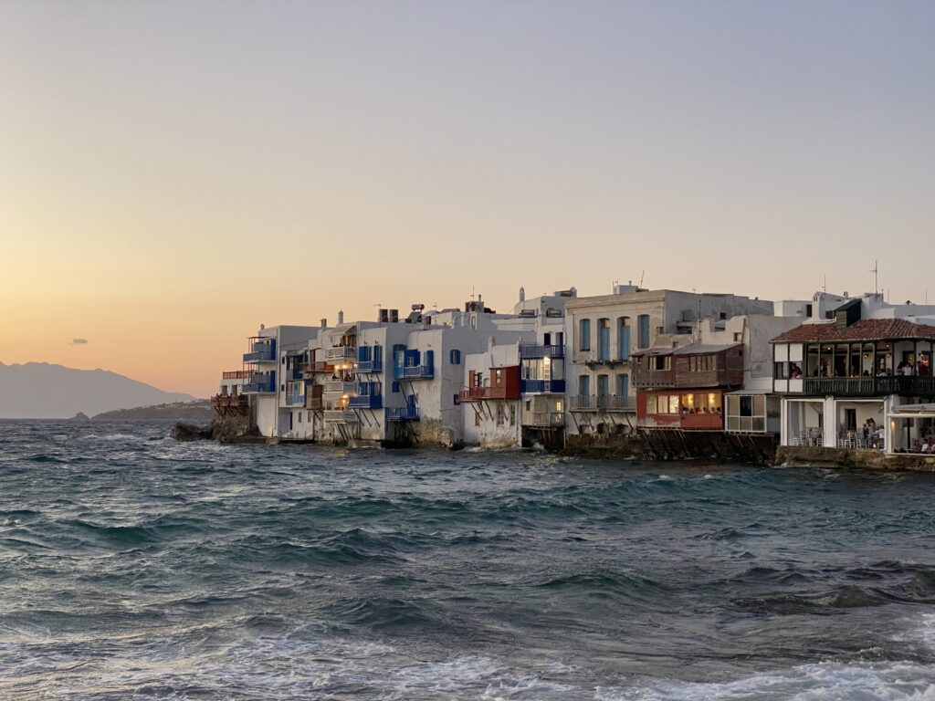 View front houses of little Venice on Mykonos island, Greece